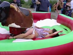 Upskirt scenes with wild girls riding the buffalo